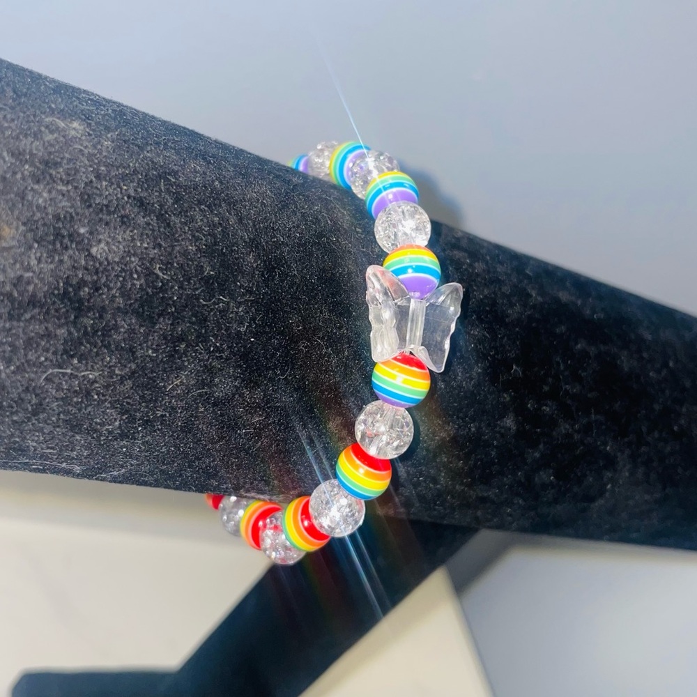 Handmade Rainbow Resin & Crackle Bead Bracelet – Clear Butterfly Charm - Picture 2 of 3